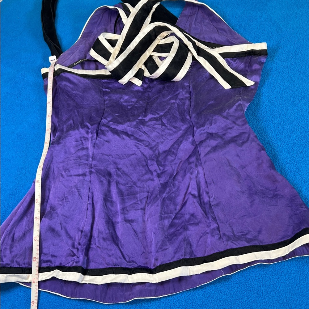 Bebe 2008 Silky Purple Peplum Deep Plunge Halter XS - Picture 16 of 16